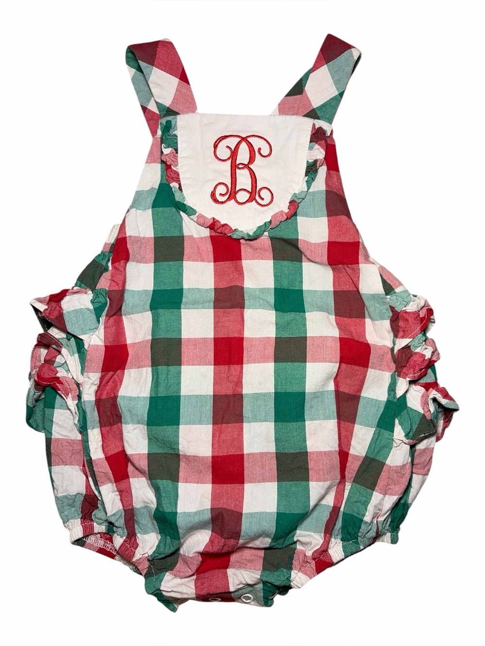 Ricrac & Ruffles B Monogrammed Red & Green Plaid Bubble Romper